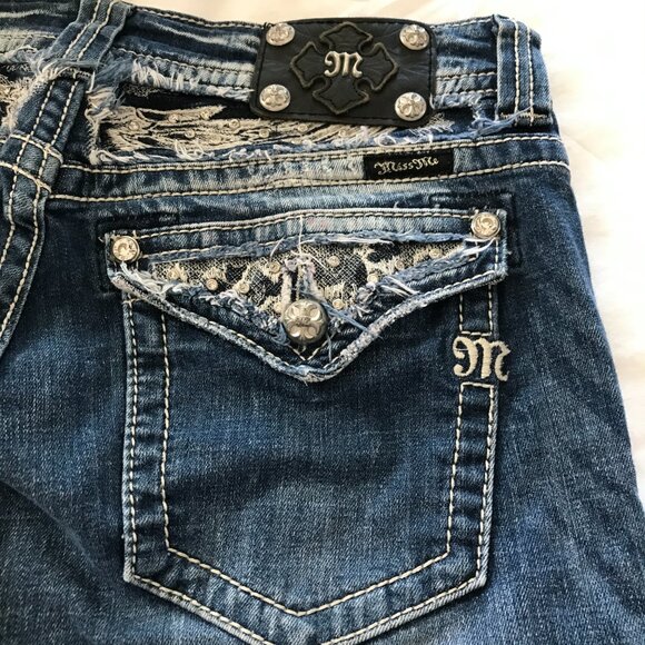 Miss Me Bootcut Jeans Women 31 Blue Low Rise Rhinestone Flap Pocket Thick Stitch - Picture 12 of 16